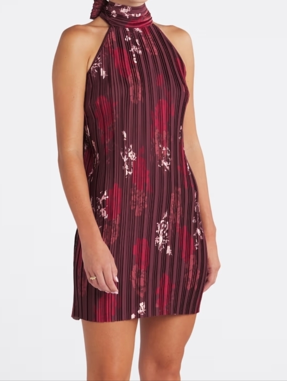 Wayf. Burgundy Halter Floral Pleated Dress. Size SM. NWT. Backless Mini Dress